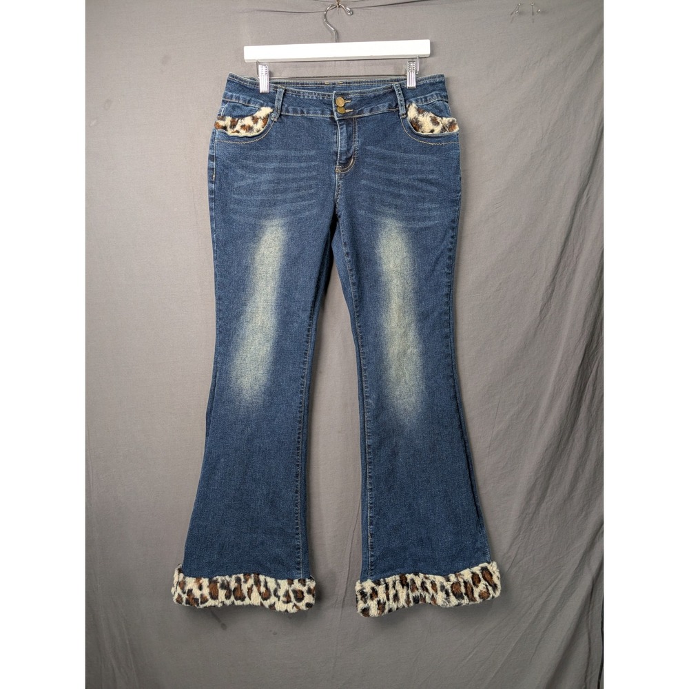 Romwe Women Leopard Faux Fur Trim Flare Jeans Blue XL US 12 Bell Bottoms 7555